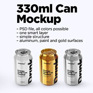 330ml铝罐易拉罐PSD样机，您可以更改灯光和阴影图层的不透明度。