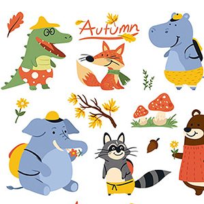 13款卡通秋季动物设计矢量素材,树叶,落叶,鳄鱼,狐狸,河马,书包,刺猬,大象,浣熊,熊,蘑菇