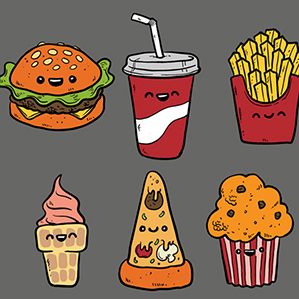 手绘快餐食品矢量素材下载,卡通,汉堡包,可乐,薯条,冰淇淋,披萨,纸杯蛋糕,快餐食品,矢量图