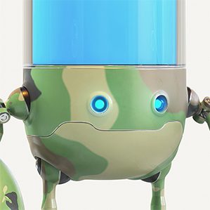 A robotic character created based on a bottle of liquid soapone of our home advocates