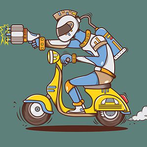 骑摩托车的卡通机器人设计矢量素材,摩托车,卡通机器人,充电,动漫,漫画,木兰摩托,EPS格式