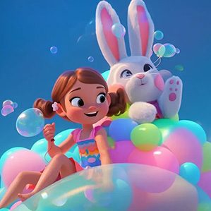 女孩和她的兔子在海边发现一个巨大的泡泡，她们一起坐上了泡泡