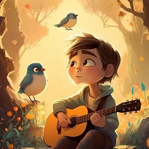 男孩热爱弹吉他，每当他有时间都会拿起吉他弹奏。他常常独自坐在大树下，沉浸在自己